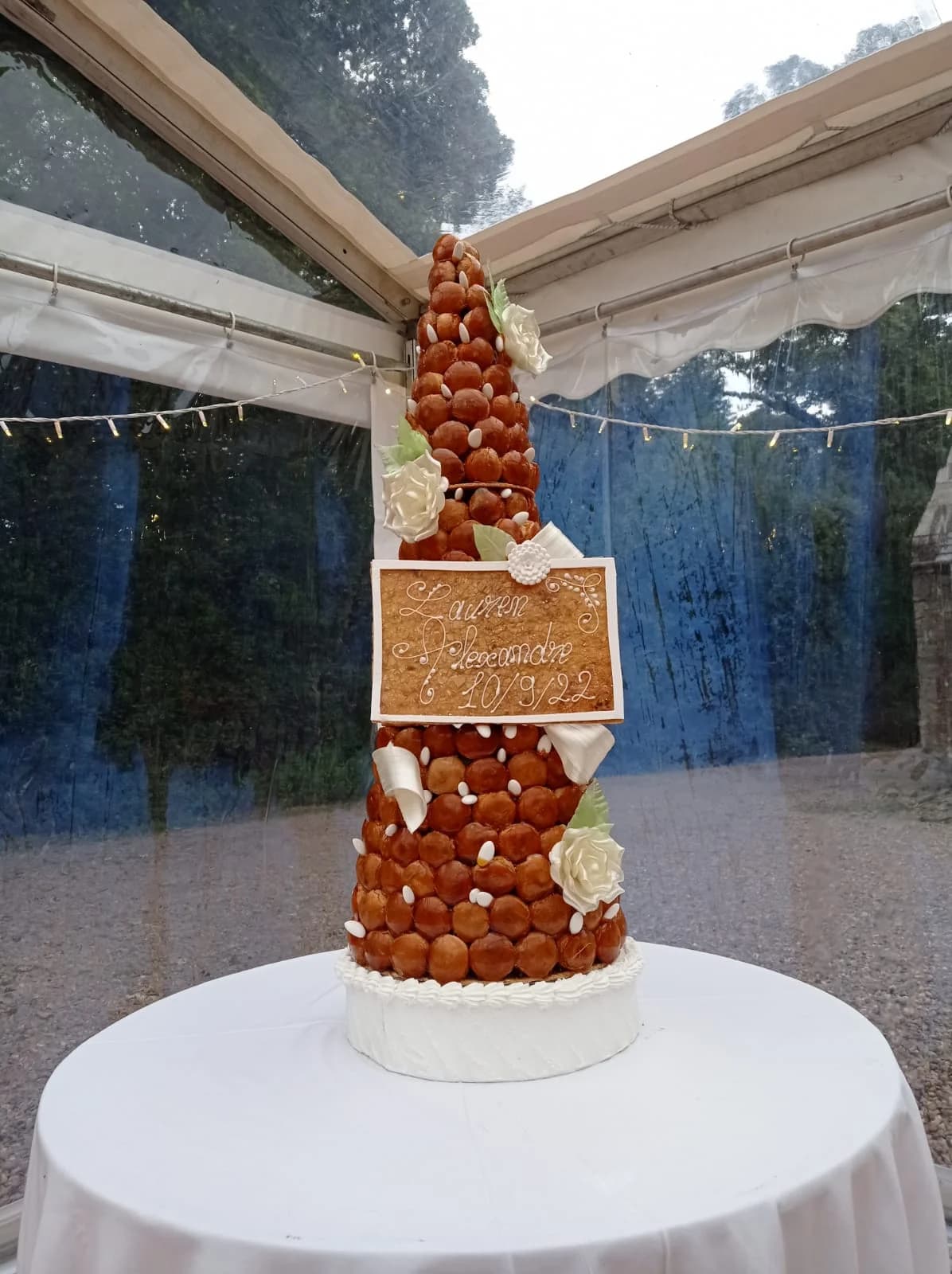 Wedding Croquembouche with 120 pieces - White Sugared Almonds, White Roses and Green Leaves style