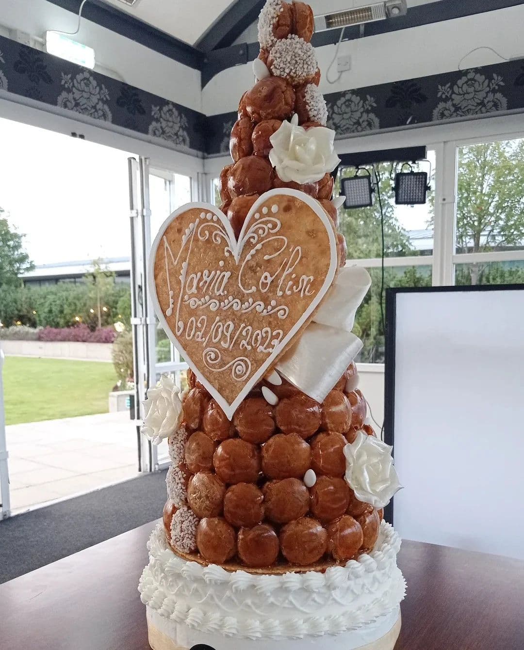 Wedding Croquembouche with 90 pieces - White Sugared Almonds and White Roses style