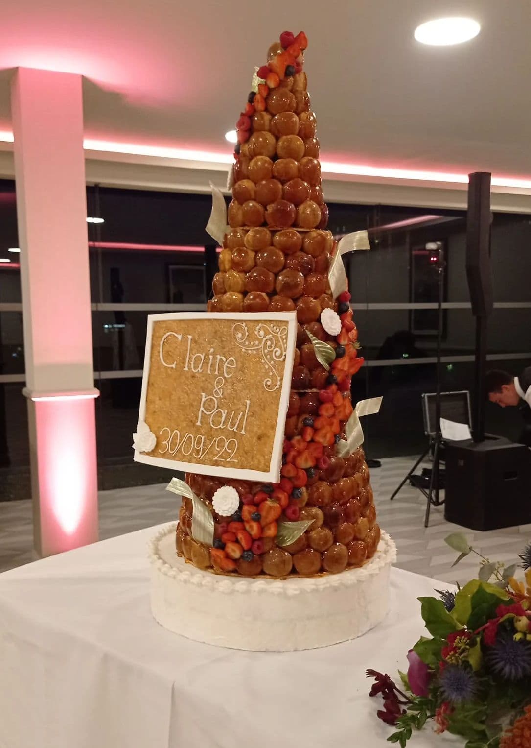 Wedding Croquembouche with 120 pieces - Red Berries and White Flowers style
